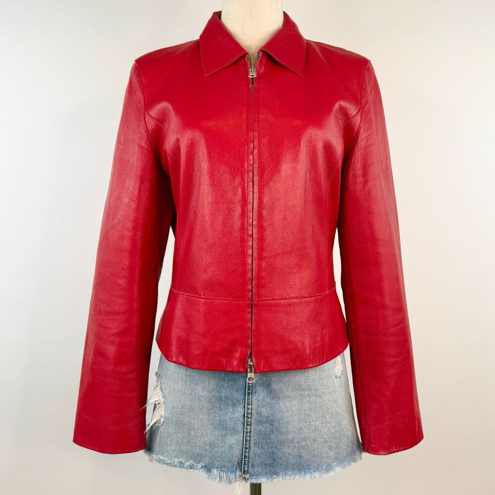 Vintage Nicola Berti Cherry Red Italian Leather Collared Jacket Y2K Size S/M